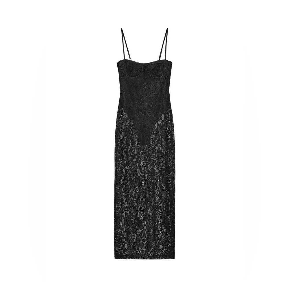 Zara Black Lace Maxi Dress with Spaghetti Straps